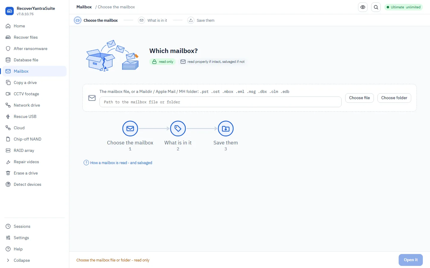 The mailbox workspace &mdash; a file or a folder of mail.