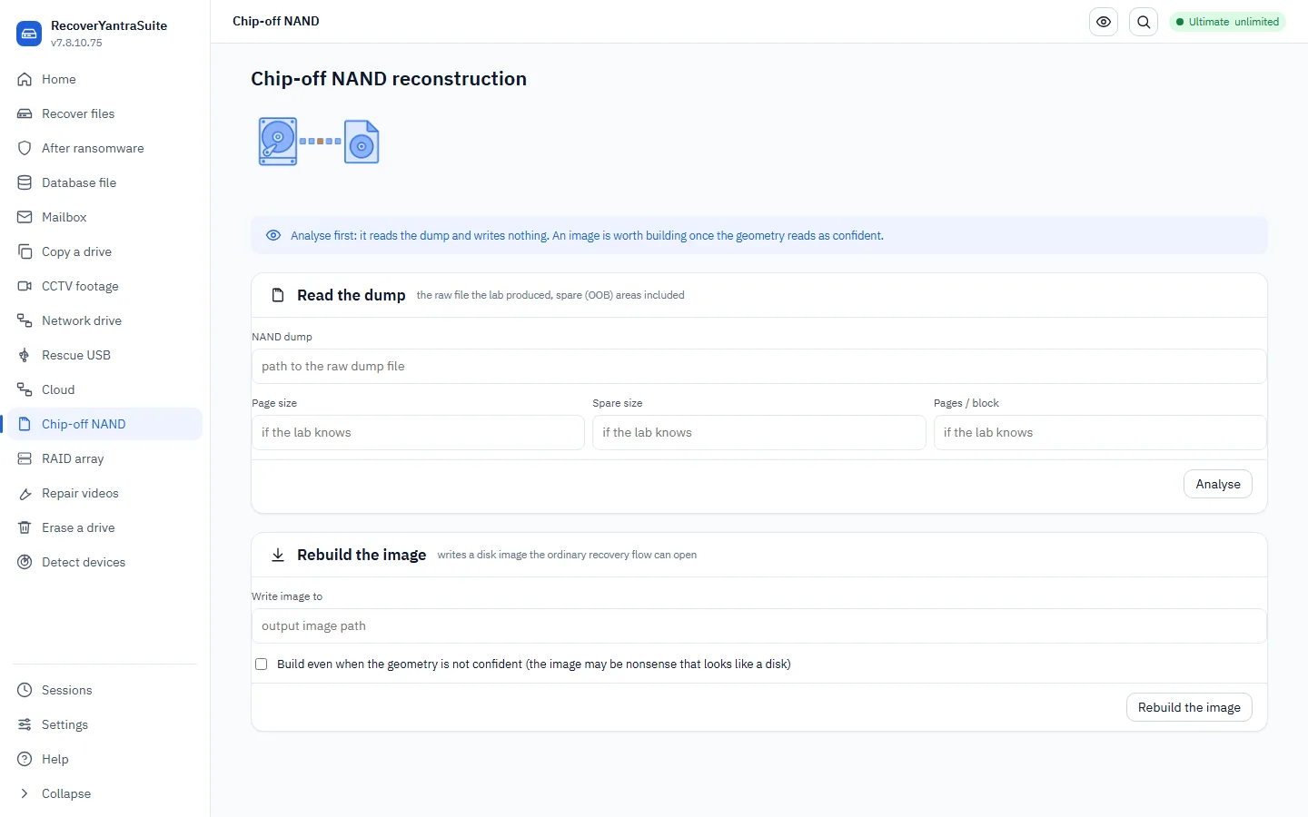The NAND reconstruction workspace &mdash; geometry hints if the lab knows them.