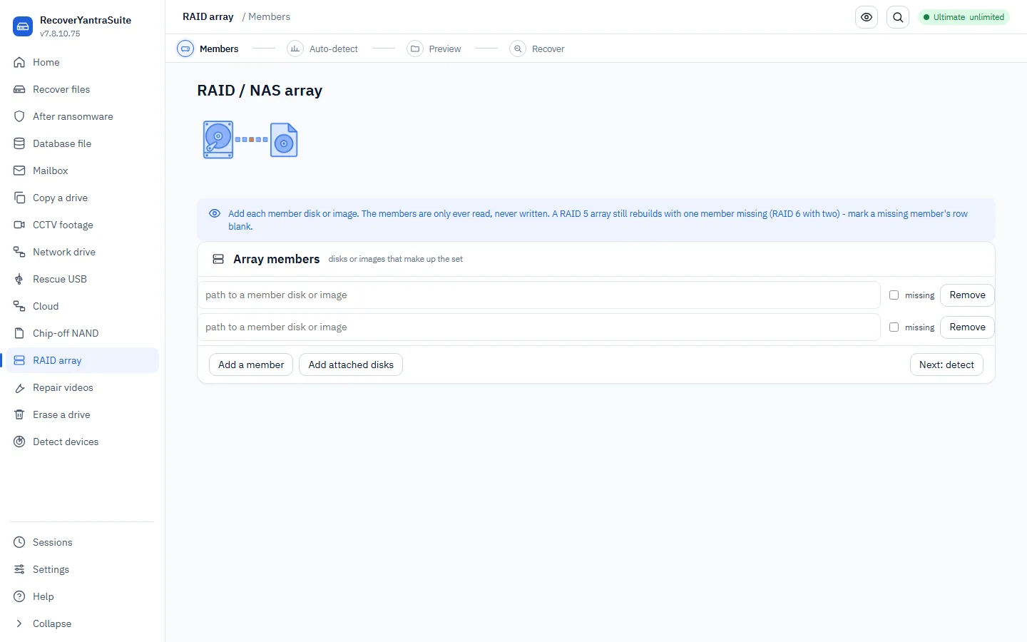 The assembly wizard: member slots, level, and auto-detect.