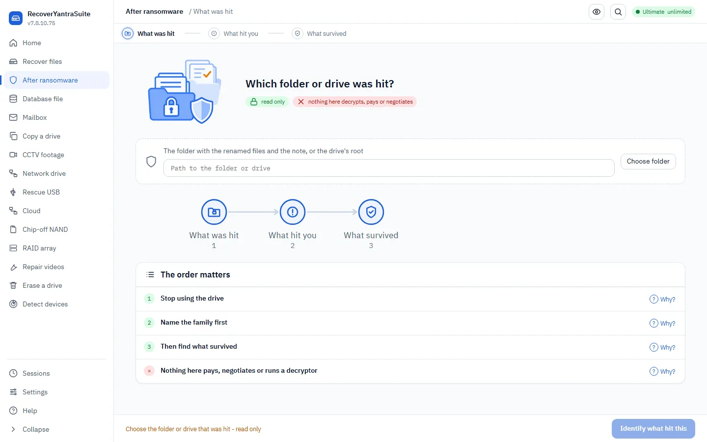 The ransomware workspace &mdash; point it at the affected folder or drive.