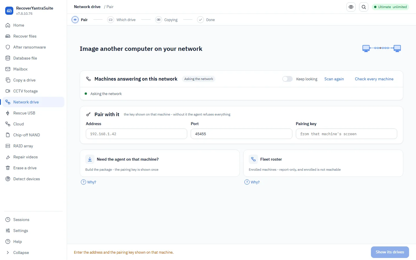 The network-drive workspace: find the machine, then image its disk.