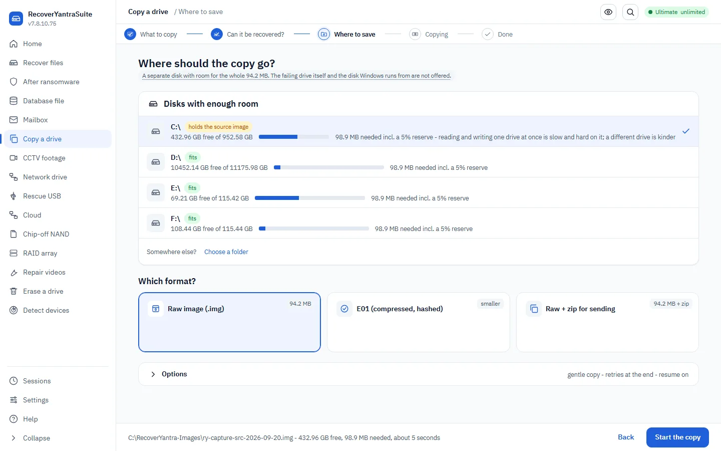 Step 3 - where to save: a separate disk, with free space shown and the wrong choices refused; raw or E01 for a lab