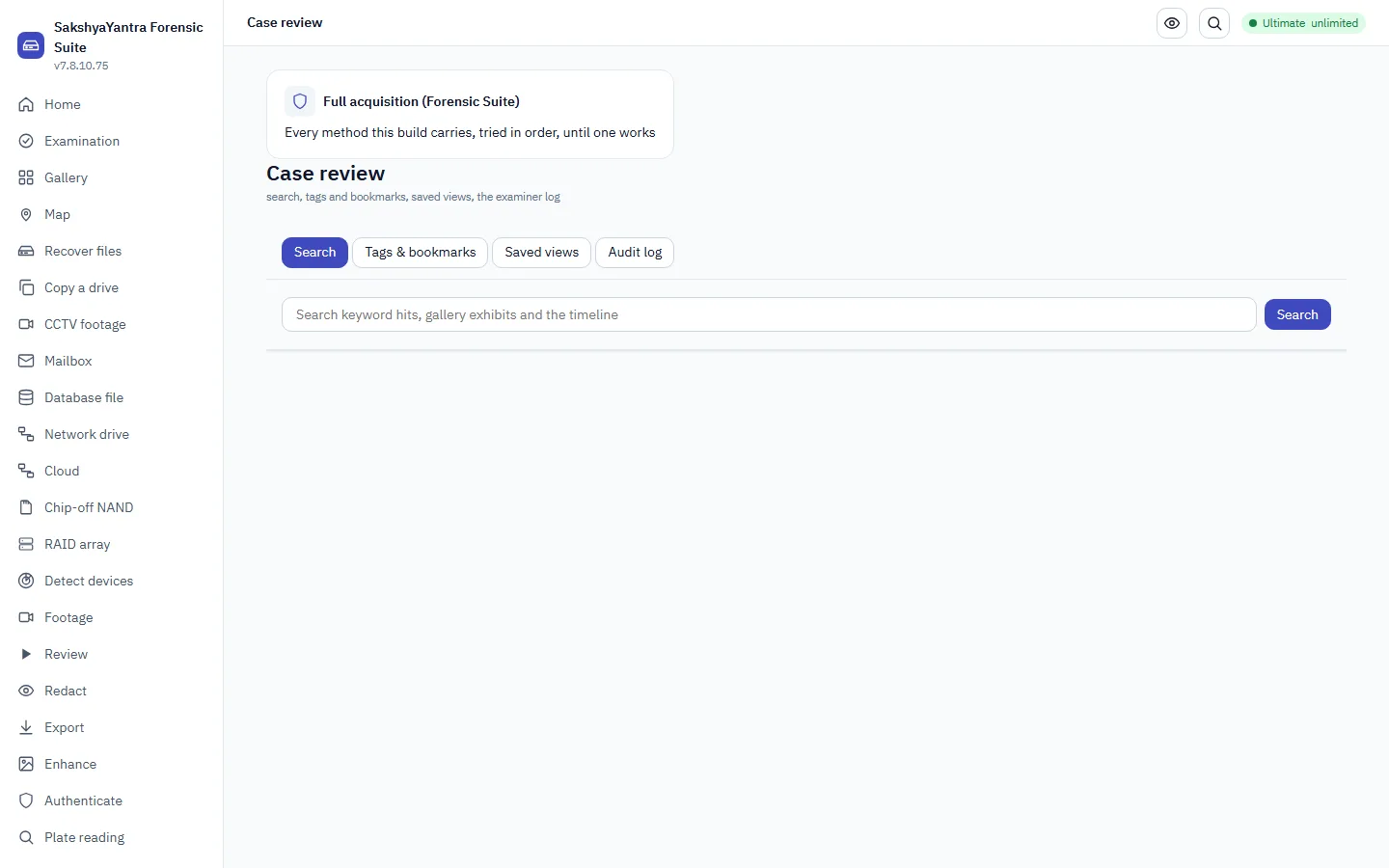 Search, tags & bookmarks, saved views, the examiner audit log
