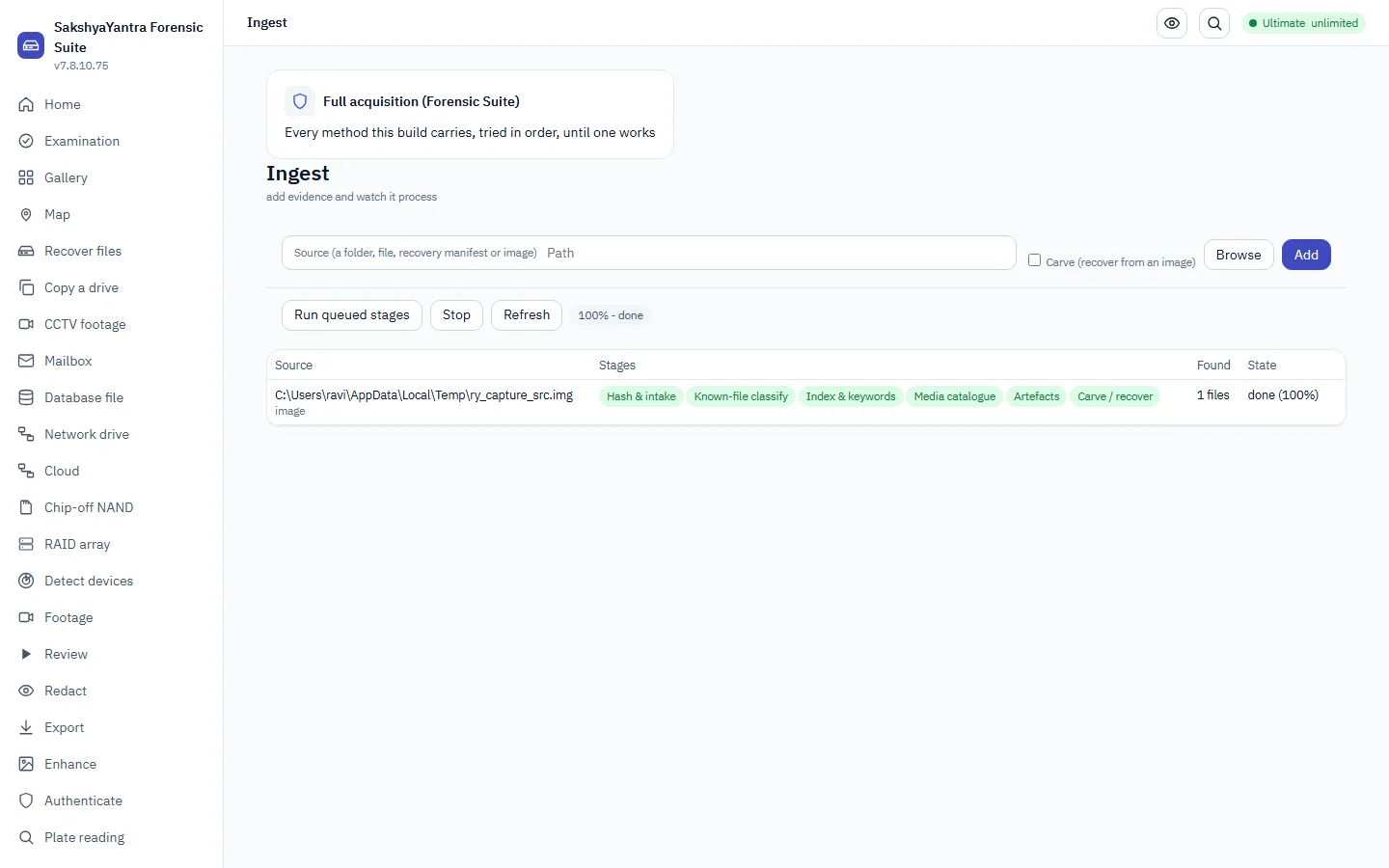 Add an exhibit and watch it process: hash & intake, known-file classify, index & keywords, media catalogue, artefacts, carve/recover