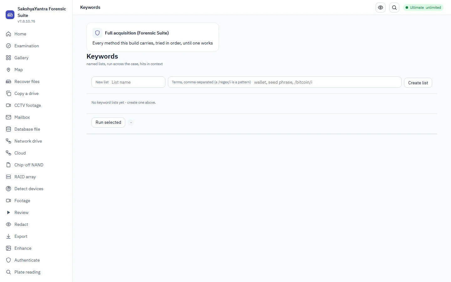 Named keyword lists, run across the case, hits in context